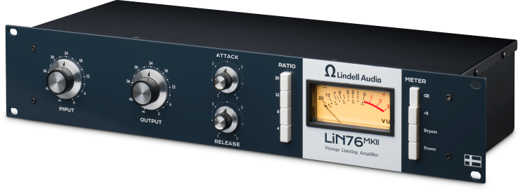 A Lindell Audio LiN76 MKII vintage limiting amplifier with input, output, attack, release, and ratio knobs, along with a VU meter.