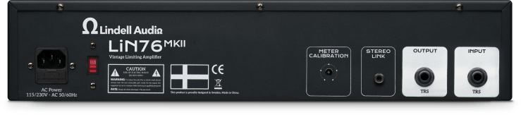 Back view of the Lindell Audio LiN76 MKII vintage limiting amplifier, featuring power connection, meter calibration, stereo link, input, and output TRS jacks.