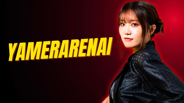 A woman in a stylish outfit poses confidently against a dark background with a bright red hue, accompanied by bold yellow text that reads 'YAMERARENNAI'.