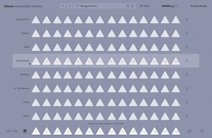 Screenshot of a music software interface displaying ensemble mallets with various instrument selections including Glockenspiel, Marimba, Vibraphone, and Piano, featuring triangular buttons for sample selection.