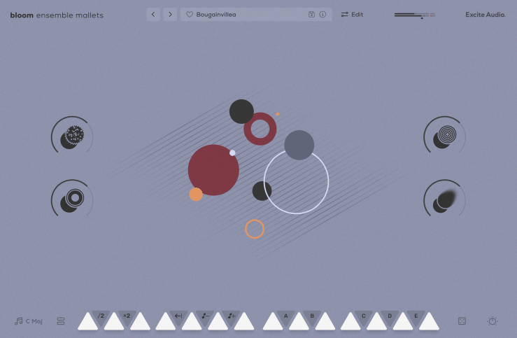 A digital interface displaying colorful circular shapes and sound controls, designed for music creation, set against a light gray background.