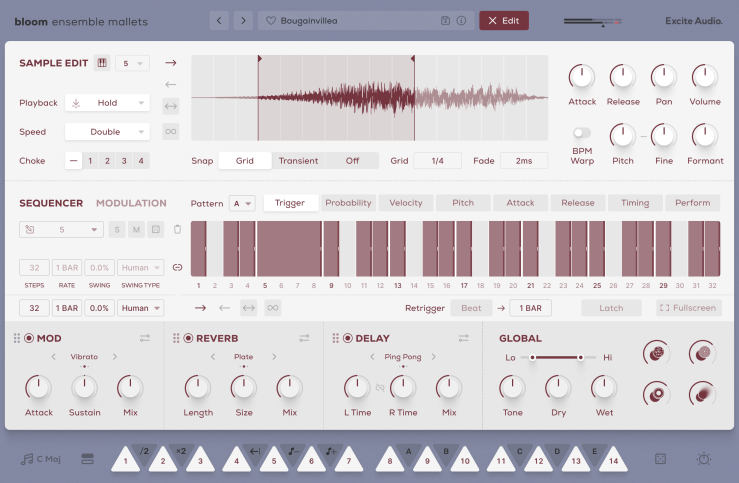 User interface of a music production software showcasing sound editing features, including sample edit, sequencer, modulation settings, and effects such as reverb and delay.