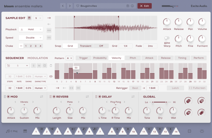 User interface of a music production software showing various controls for sound editing, including sample edit, sequencer, modulation options, and global settings.