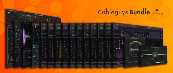 Image showcasing the Cableguys Bundle, featuring various audio plugin interfaces displayed on a gradient orange background.