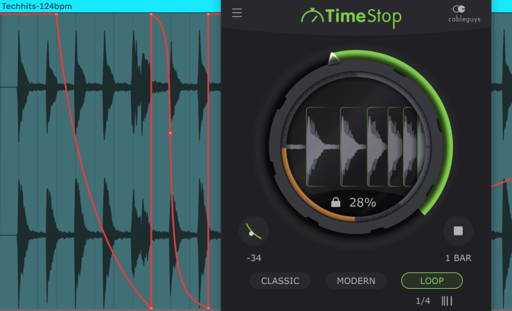 A screenshot of a digital audio workstation displaying waveforms on the left side, with a circular interface of the TimeStop plugin on the right, showing a loop function and playback controls.