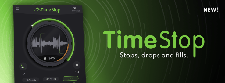 Graphic showing the TimeStop app interface with a circular control, indicating sound waveforms, and text highlighting its features 'Stops, drops and fills' on a green background.