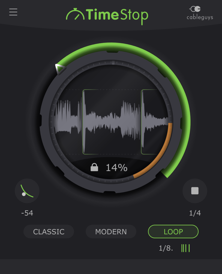 User interface of the TimeStop audio editing tool featuring a circular control with a waveform display, volume level indicator, and options for classic and modern styles.