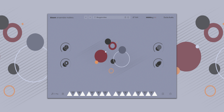 A digital interface featuring circular and triangular shapes in various colors, set against a light gray background, with controls for musical or visual manipulation.